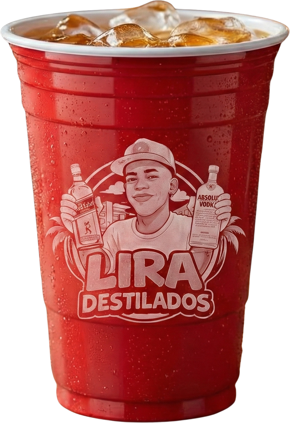 Copo vermelho com gelo e a marca original Lira Destilados